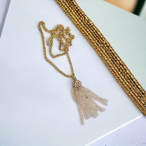 Tassel Necklace Champagne Glass Fringe Beads Gold Tone Long Jeweled Jewelry